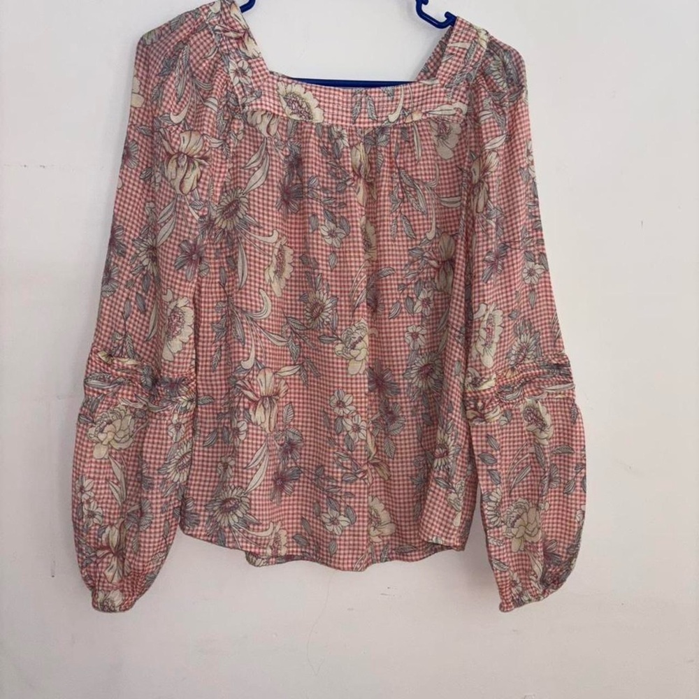 LC Lauren Conrad Floral Gingham Peasant Blouse XS Boho Cottagecore